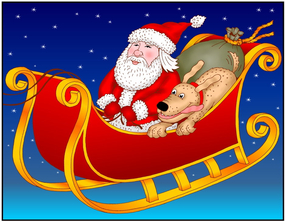 Santa's dog cartoon, Santa Claus in sliegh with his dog illustration