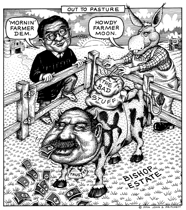 John Waihee cartoon, Hawaii Democrats plant to tie bad stuff to former governor Waihee and put