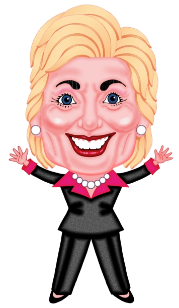 Hillary Clinton color cartoon, caricature, Hillary in pants suit