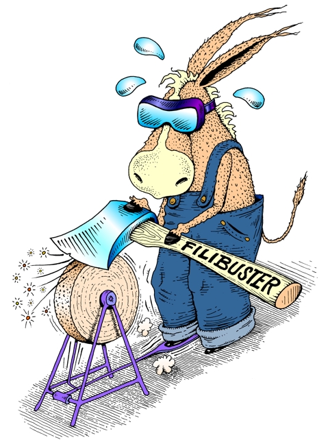 Senate Democrats sharpen filibuster ax political cartoon, Democrat donkey prepares for Bush ...