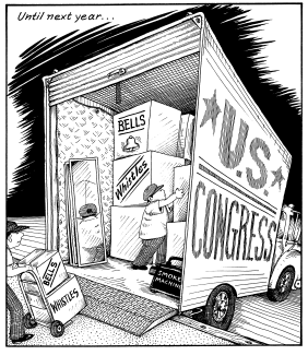 Congress adjourns, U.S. Congress cartoon, bells, whistles, smoke and ...