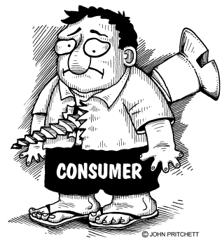 Consumer Screwed, cartoon, consumer image, impaled consumer, editorial,  business cartoon, cartoons by John Pritchett