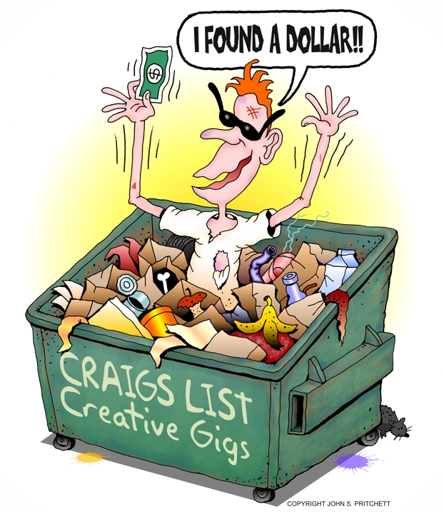 Craigslist creative gigs cartoon, dumpster diving on Craigslist
