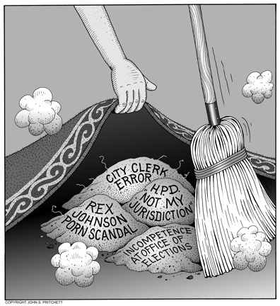 Sweeping it under the rug cartoon, mistakes made by Hawaii state and city  officials are swept under the rug, Rex Johnson porn scandal, City clerk  error, HPD and Office of Elections see