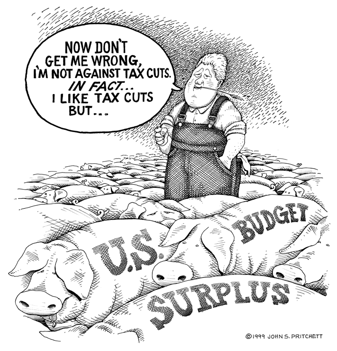 Bill Clinton and tax cuts, taxes cartoon, cartoons by John Pritchett