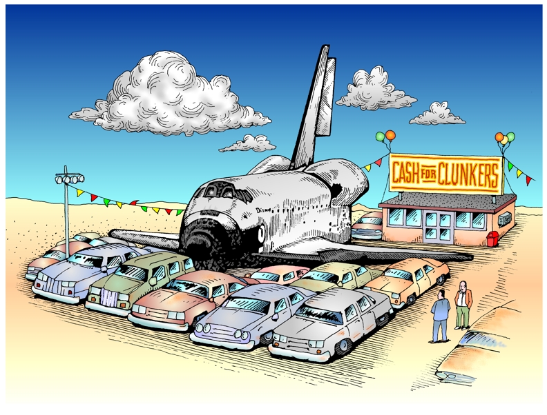 Cash for clunkers cartoon, space shuttle Discovery among clunkers, NASA