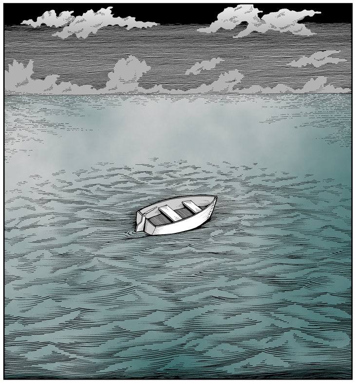 small, empty boat adrift color illustration by John Pritchett