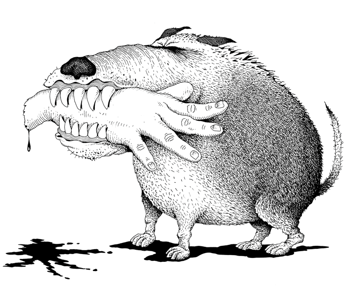 Dog biting hand black and white illustration, visious dog image, biting